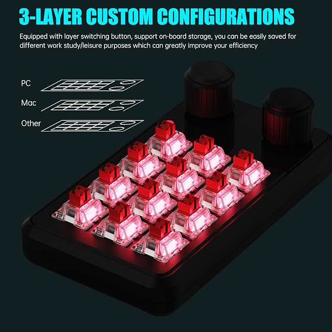 MOSHOU One-Handed Macro Mechanical Keyboard, 12-Keys Gaming Tactile Keyboard Fully Programmable Knobs Keys OSU Macro Pad Hotswap Keypad with RGB for Game PC Accessories (Black)