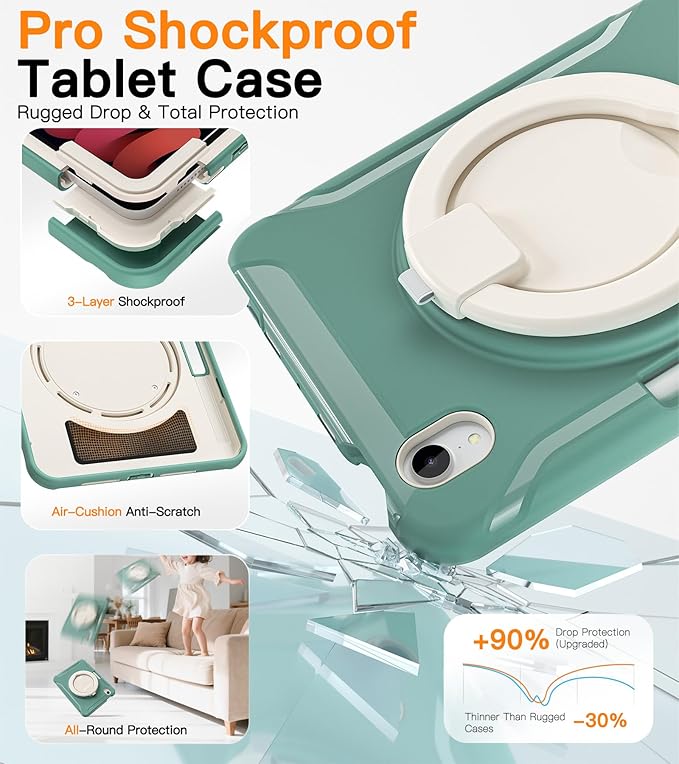 BATYUE Shockproof Case for iPad mini 7 (A17 Pro)/ Mini 6 8.3 inch (2024/2021) - 360° Multi-Angle Stand (Portrait & Landscape) & Grip, Built-in Pencil Holder, Jade Green