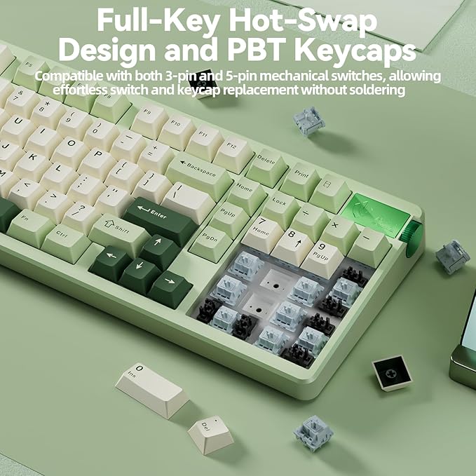 CORBOBO LEOBOG A98-96% Mechanical Keyboard Wireless, Tri-Mode BT5.0/2.4GHz/USB-C, Creamy Keyboard with Number Pad, Gasket Structure Hot Swappable, RGB Backlit Green Gaming Keyboards with Knob for PC
