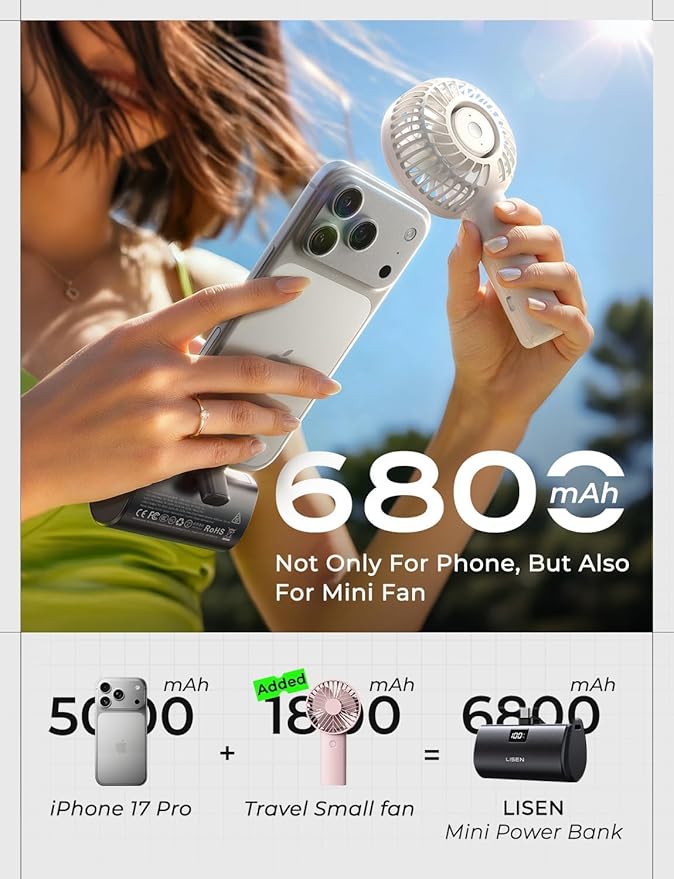 6800mAh Mini Portable Charger USB C Power Bank Travel Essentials for iPhone 17 Pro Max 22.5W Fast Charging[USB-C Only, Flight-Safe], LISEN for iPhone 17 Pro Max 16 15, Samsung S26 S25 Ultra,iPad, Grey