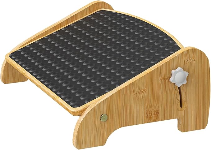 Under Desk Footrest, Foot Rest Under Desk with Side Rotating Button, 4 Adjustable Heights Wooden Office Footrest, Large Anti-Slip Surface, Wide Seat with Soft Bumps, Fit for Office, Living Room