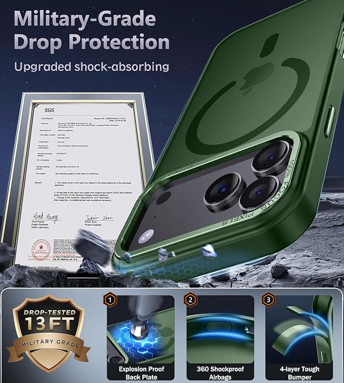 Newfuture Magnetic for iPhone 17 Pro Case [Compatible with Magsafe] [Military Grade Drop Protection] Translucent Matte Anti-Scratch Shockproof Protective Phone Cover 6.3 Inch, Dark Green