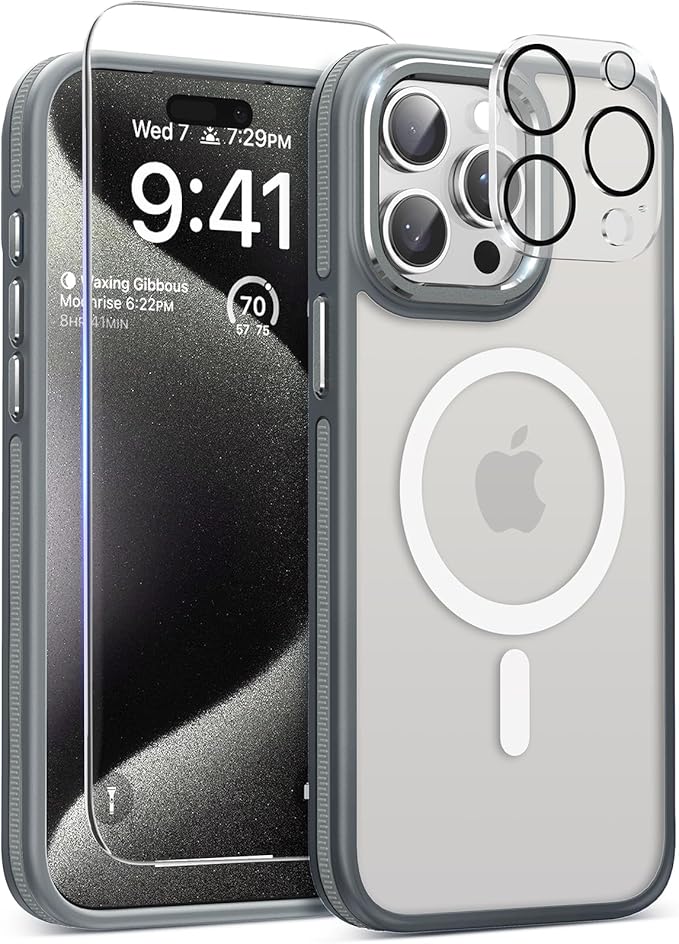 Magnetic 3 in 1 for iPhone 15 Pro Case, [Omni-Directional Protection] with 1x Screen Protector + 1x Camera Cover, [Seamless Work with Magsafe] Protective Silm Case for iPhone 15 Pro Light Gray