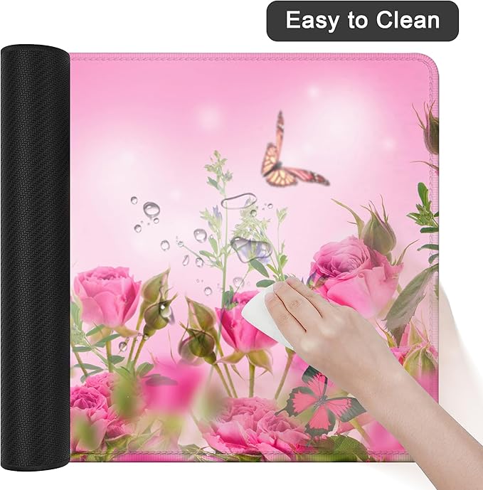 Desk Mat,Spring Pink Rose Floral Butterfly Mouse Pad Large Gaming for Desk,Non-Slip Rubber Base Mousepad,31.5x15.7 Inch for Office Home Work & Game