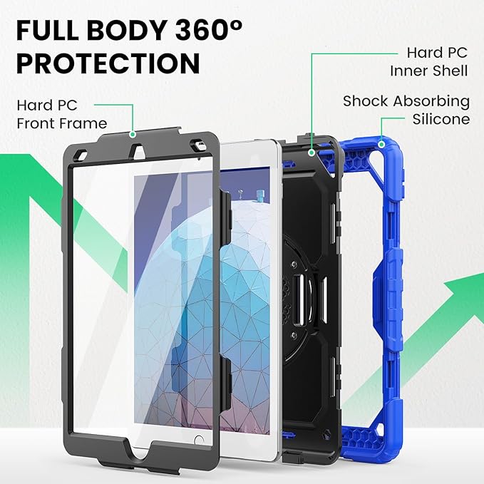 SEYMAC for iPad Air 3/ Pro 10.5 inch Case, Heavy Duty Full-Body Shockproof Protective Case with Screen Protector, 360° Rotating Stand, Hand/Shoulder Strap for iPad Air 3rd Gen, Blue