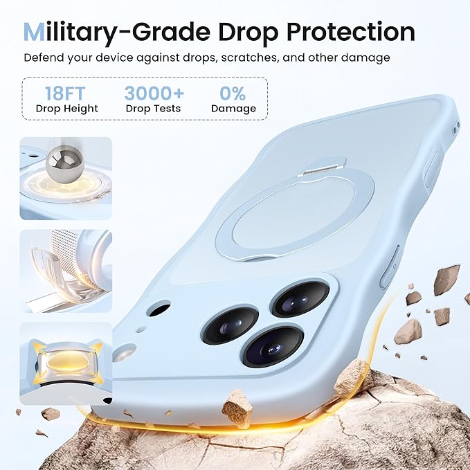 CAPRARO for iPhone 17 Pro Case with 360° Spin Magnetic Stand for Women, [Compatible with MagSafe] [Full Camera Protection] Cute Wave Translucent Matte Case for iPhone 17 Pro, Light Blue