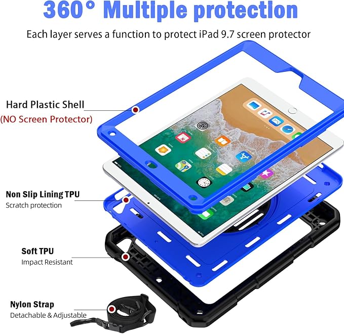 BMOUO Case for iPad 6th/5th Generation Case (9.7 inch, 2018/2017), 360°Rotating Stand, Hand/Shoulder Strap Shockproof iPad 9.7” Case for iPad Air 2, Deep Blue