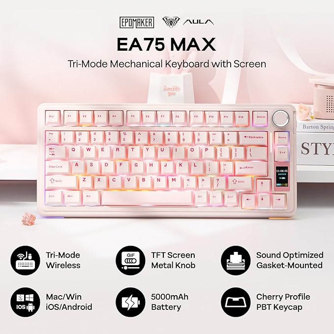 EPOMAKER X Aula EA75 MAX Wireless Gaming Keyboard with Screen & Knob, 5000mAh, Hot-Swap, Lubed Switches, RGB Backlit, Creamy Gasket, 75% Mechanical Keyboard (Pink, Silent Cotton Candy Switch)