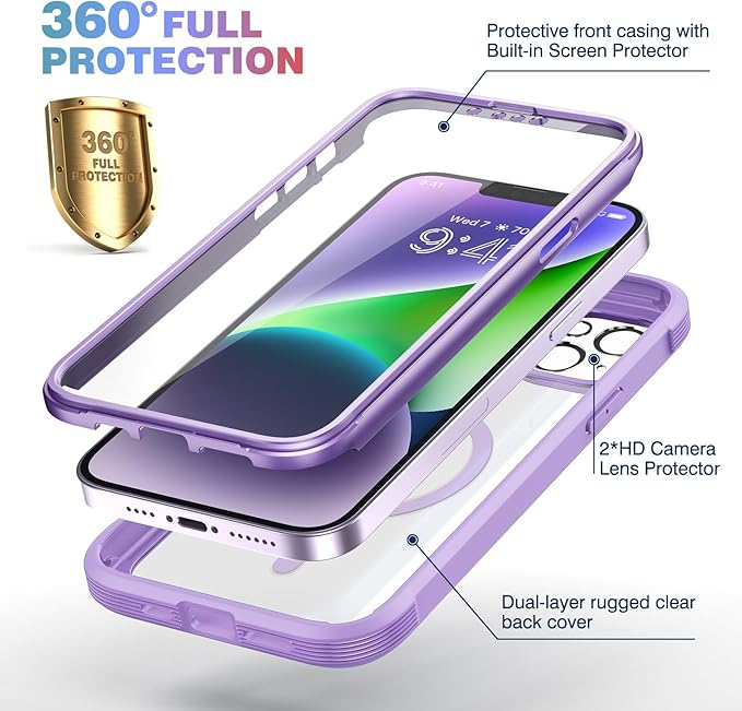 Diaclara Magnetic Designed for iPhone 14 Case, Compatible with MagSafe Built-in Touch Sensitive Anti-Scratch Screen Protector, with Camera Lens Protector for iPhone 14 6.1" (Peri Purple)