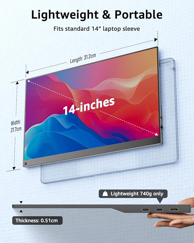 Yodoit Portable Monitor for Laptop 1920×1200 14" FHD Travel IPS Screen Display with USB Type C Port and Built-in Speakers with Cover Compatible with PC, MacBook, Xbox