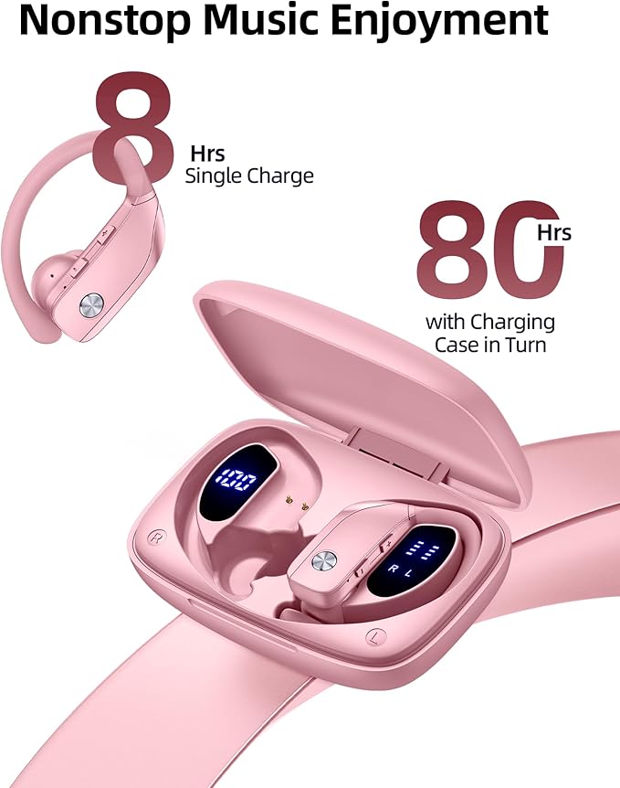 bmanl Wireless Earbuds Bluetooth Headphones Over Ear Hooks Ear Buds with 80H Playtime, LED Power Display, Dual Mic Clear Calls, Sports Wireless Ear Buds Bluetooth Earbuds for Running Gym Workout Pink