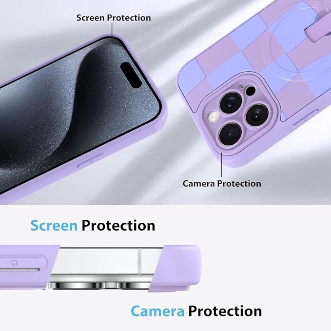 KANGHAR Compatible with iPhone 15 Pro Max Case, Support for MagSafe, Silicone Checkered Cute Pattern, Wristband Kickstand Camera Protection Soft Slim Cover for Girls Women -Purple