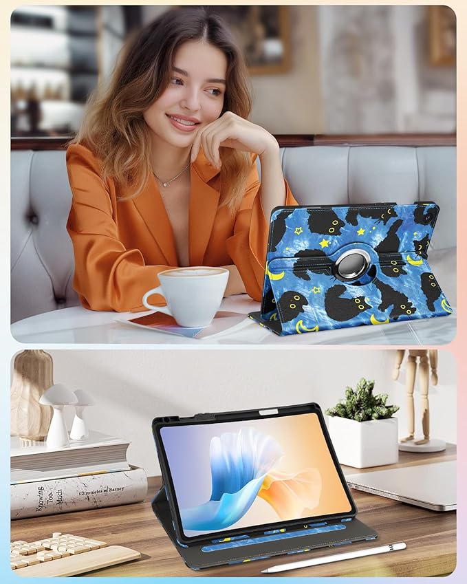 Kidcube for Samsung Galaxy Tab A9 Plus Case 11 Inch - for Women Girls Cute Rotating Stand Folio Cover with Pencil Holder & Card Slot Girly Cat Unique Design Blue Teen for Samsung A9 Plus Tablet Cases