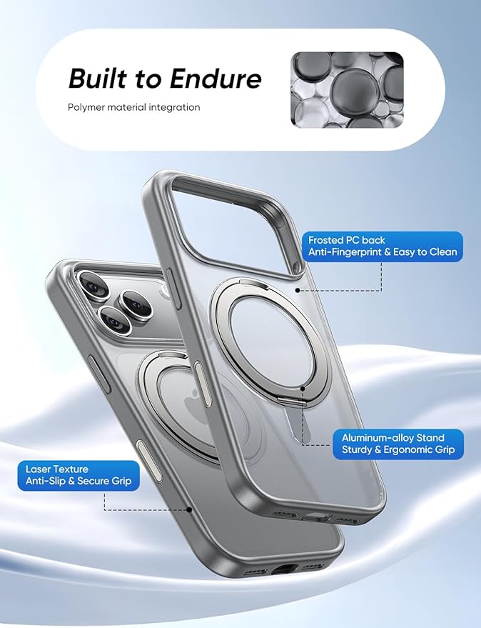 MAGIC JOHN 360° Rotatable Magnetic Invisible Stand for iPhone 17 Pro Case [Camera Control Button] [Compatible with MagSafe] 16FT Shockproof for iPhone 17 Pro Case with Kickstand, Gray
