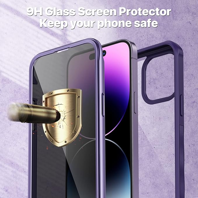 CENHUFO Privacy for iPhone 14 Pro Max Case, Full Body Phone Case with Built-in 9H Tempered Glass Privacy Screen Protector and Camera Lens Protector, Anti Peep Shockproof Bumper Cover - Deep Purple