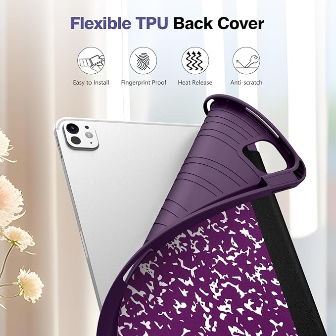 Fintie SlimShell Case for iPad Pro 11-inch (M5) 2025 / (M4) 2024 - [Built-in Pencil Holder] Soft Flexible TPU Protective Stand Back Cover, Composition Book Purple