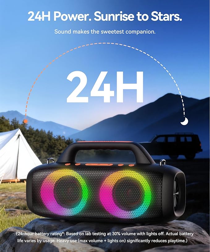 BassBloom Roar 1 Portable Bluetooth Speaker,60W Powerful Sound with JIKE Bass,IPX6 Waterproof,24H Playtime,Bluetooth 5.4,RGB Party Lights,Wireless Stereo Pairing,Travel Outdoor for Camping and Beach
