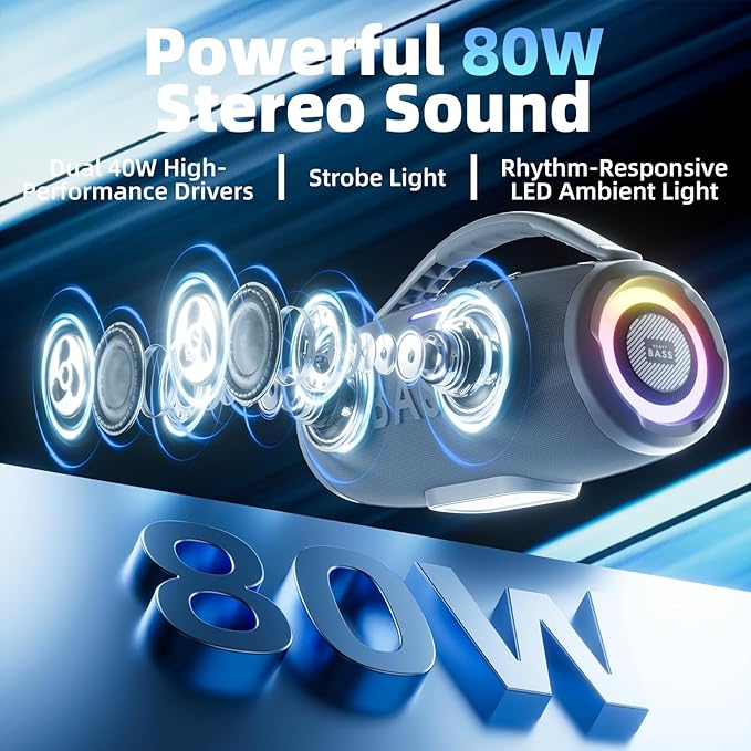 HEAVY BASS Speakers Bluetooth Wireless, 80W Max Loud Portable Speaker with Bass, 20H Playtime, IPX6 Waterproof, Dual Pairing, Gift Ideal for Adults Men Women Teen Boys Girls (Gray, Large)