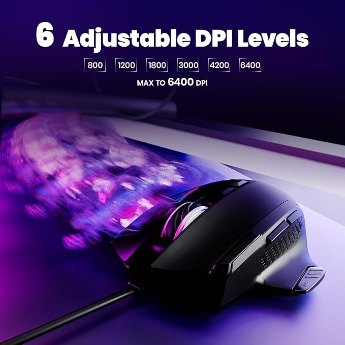 Wired Mouse for Gaming – USB Computer Mouse with 8 Programmable Buttons, 6 Adjustable DPI , Mechanical Switches, Rapid Fire & Sniper Buttons, Compatible with PC and Laptop – Black (Wicked Widow)