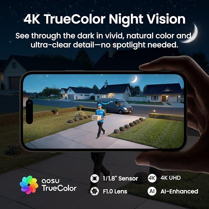 aosu T2 Ultra 4K Security Cameras Wireless Outdoor, 6 Cam Kit, Smart Home Security System with TrueColor Night Vision, AI Recognition & 360° Motion Tracking, Solar Power, Expandable 1TB Local Storage
