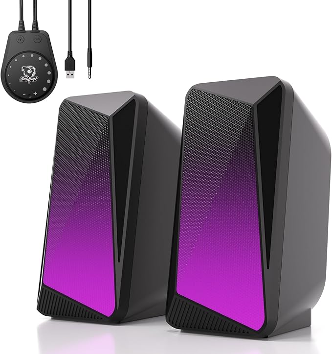 SOULION C30 Bluetooth Computer Speakers, USB Powered & 3.5 mm AUX PC Speakers with Easy-Control Pod, Gaming Speakers with Pulsing & LED Flame Lights for Monitor Laotop Desktop, Black