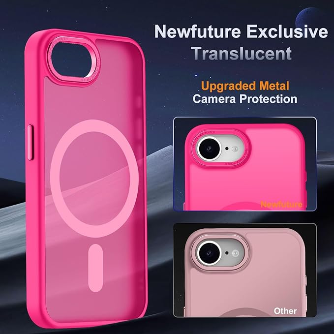 Newfuture Designed for iPhone 17e Case & iPhone 16e Case with Magnetic [13 FT Military Drop Protection] [Compatible with Magsafe] Slim Translucent Shockproof with Anti-Fingerprint Phone Case, Hot Pink