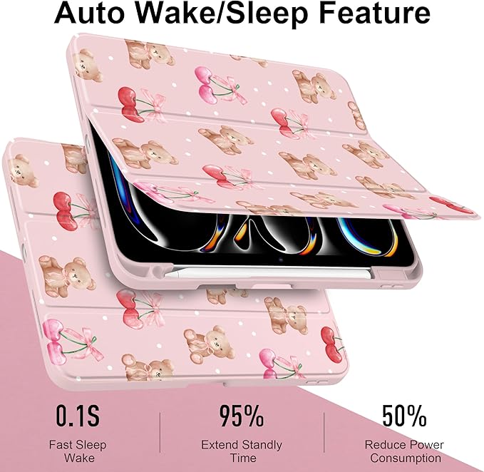 TWOLSKOO Case for iPad Pro 11-inch (M5 2025 / M4 2024), Clear Acrylic Back with TPU Bumper, Pencil Holder, Trifold Stand, Auto Sleep/Wake, Lovely Bear