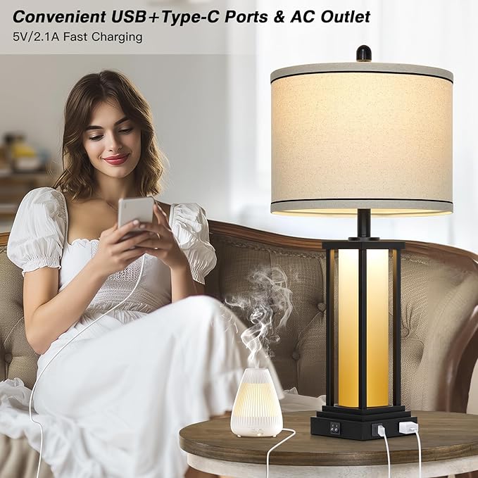 27in Tall Farmhouse Table Lamp Set of 2 with USB C+A & Outlet,Orange Industrial End Table Lamp for Living Room,Vintage Rustic Bedside Lamps with Night Light for Bedroom Nightstand
