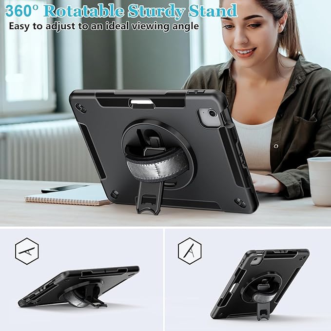Case for iPad Air 13 Inch M4/M3/M2 (2026/2025/2024): TPU Shockproof Case with Screen Protector - Stand - Handle - Shoulder Strap - Pen Holder-Black