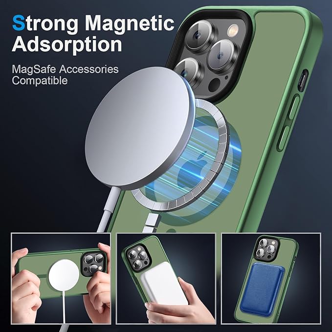Magnetic Case for iPhone 14 Pro Max Case [10FT-Grade Drop Tested & Compatible with MagSafe] Translucent Anti-Fingerprint Anti Shockproof Protective Shell 6.7 Inch, Alpine Green