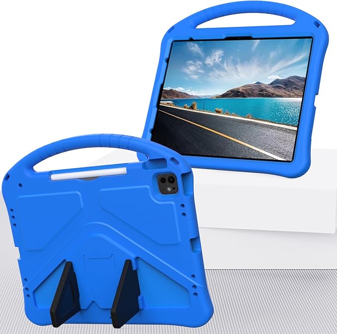 Kids Case for iPad Air 13 inch M4/M3/M2 (2026/2025/2024) with Pencil Holder/Shockproof Handle/Kickstand/Slim Lightweight Soft EVA Foam Folio Stand Tablet Protective Girls Boys Cover, Blue