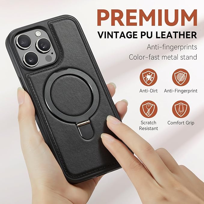 Compatible with iPhone 15 Pro Case with Stand, Compatible with MagSafe, Slim PU Leather & Durable TPU Protective Cover Drop-Proof with Tempered Glass Screen Protector 6.1", Black