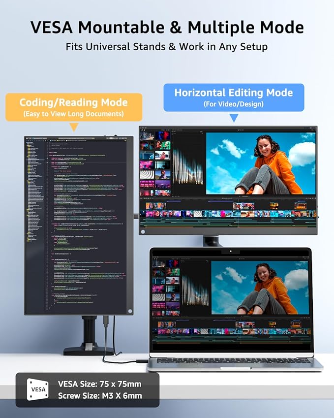 Yodoit Portable Monitor for Laptop 1920×1200 14" FHD Travel IPS Screen Display with USB Type C Port and Built-in Speakers with Cover Compatible with PC, MacBook, Xbox