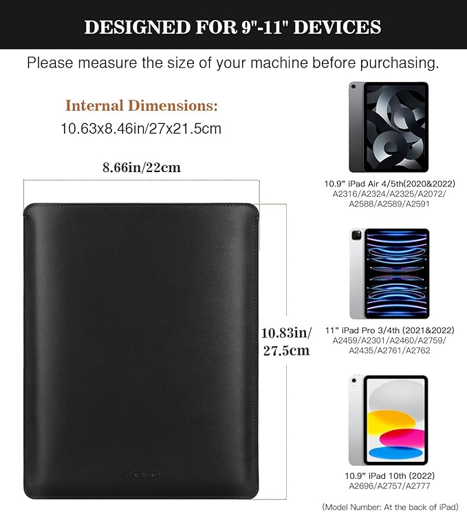 MoKo 9-11 Inch Tablet Sleeve, PU Leather Briefcase Slim Stylish Case Fits New 11-inch iPad Air M4 2026/iPad Pro M5, Air 5/4th 10.9, 10th Gen 10.9, 9/8. Gen 10.2, Tab S8/S9 11, Black