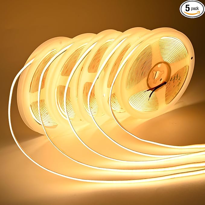 COB LED Strip Lights DC 12V LED Lights Flexible Super Bright LED Strips, 5Pack 16.4FT 3000K Warm White CRI 90+, 480LEDs/m High Density Uniform Light fo Home Room Decor (No Adapter or Controller)