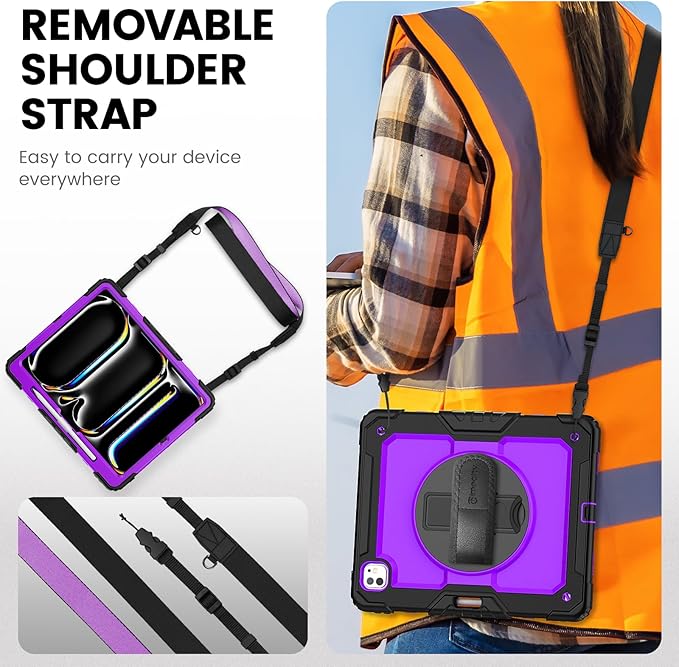 timecity Case for iPad Pro 13 Inch M5 2025 / M4 2024, 360° Rotating Stand, Pencil Holder & Wireless Charging, Shockproof with Screen Protector & Shoulder Strap - for Designers & Professionals, Purple