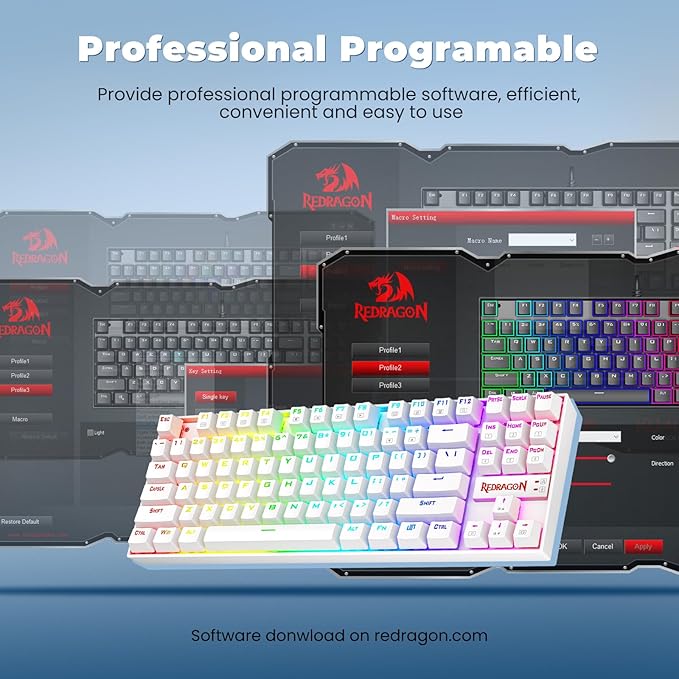 Redragon K552P Mechanical Gaming Keyboard TKL with 18 Backlight Modes, Hot-Swappable Blue Switches, 87-Key Compact Ergonomic Design, N-Key Rollover & Software Programmable Macro - RGB, White
