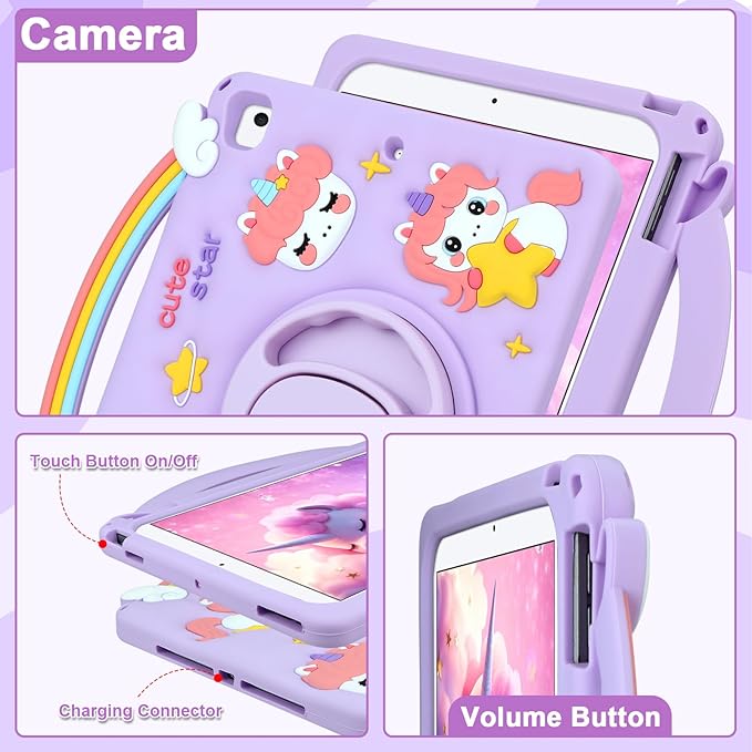 HianDier for iPad 9th 8th 7th Generation Case Kids Girls Cute Unicorn with Rainbow Handle Detachable Lanyard Rotatable Kickstand Shockproof Protective Cover for iPad 10.2 Case 2021 2020 2019-Purple
