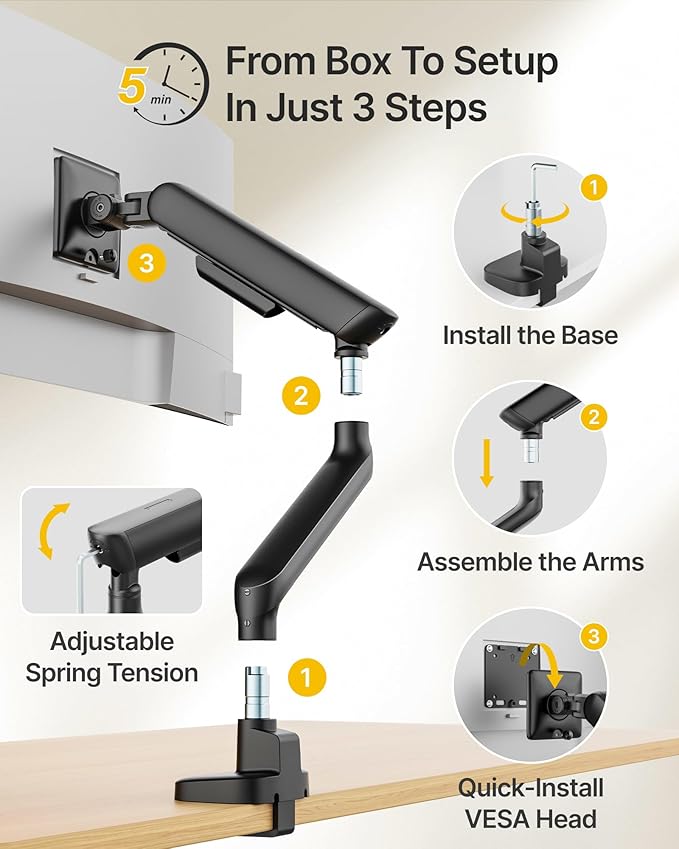 monTEK Single Monitor Arm with USB, Mechanical Spring Monitor Arm for 17-40" Screens, Adjustable Monitor Desk Mount Holds up to 26.4 lbs with C Clamp/Grommet Desk Mount, VESA 75/100mm