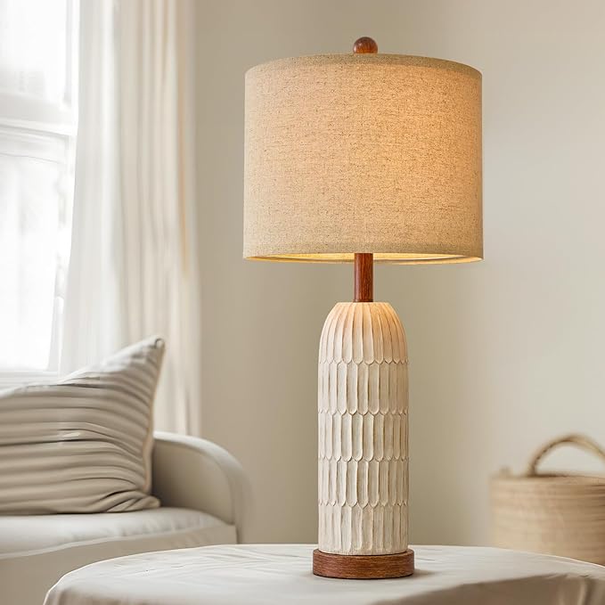 OYEARS 26.5" Bedside Table Lamps Set of 2, Farmhouse Table Lamp with USB A+C Charging Ports,Vintage Nightstand Lamp for Bedrooms and Living Rooms, Retro Resin End Table Lamp with Linen Shade, Brown