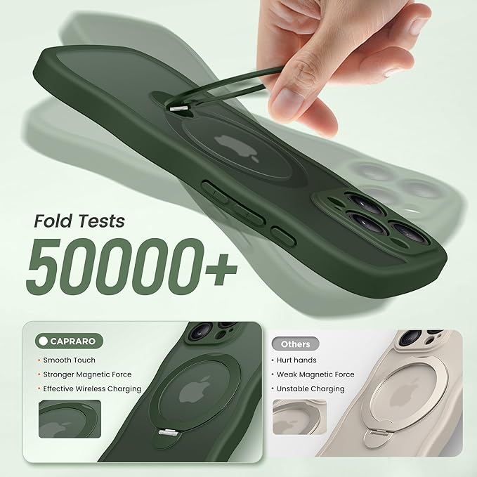 CAPRARO for iPhone 14 Pro Max Case with 360° Spin Magnetic Stand for Women, [Compatible with MagSafe] [Full Camera Protection] Cute Wave Translucent Matte Case for iPhone 14 Pro Max, Dark Green