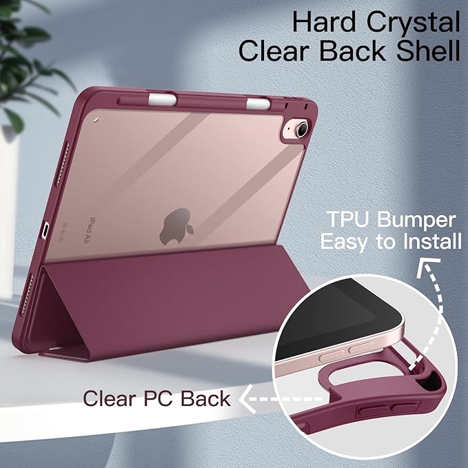 JETech Case ONLY for iPad Air 11-Inch M4/M3/M2 (2026/2025/2024), iPad Air 5/4 (2022/2020 5th/4th) with Pencil Holder, Clear Transparent Back Slim Stand Shockproof Tablet Cover (Wine)