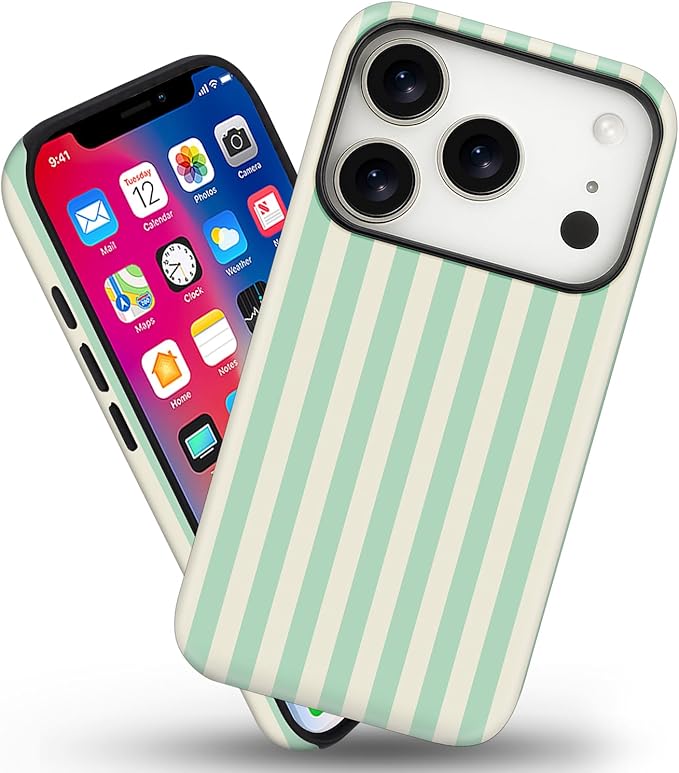 Magnetic for iPhone 17 Pro Max Case Cute Stripes Phone Case, Shockproof Slim TPU and Hard PC Protective Phone Cover Compatible with MagSafe Designed for Women Girls, Light Green