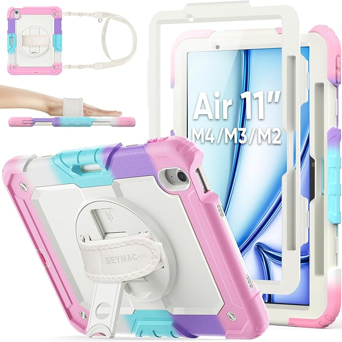 SEYMAC stock Case for iPad Air 11-inch M4-M2 2026-2024 (Gen 8-6), Shockproof Heavy Duty Case with Screen Protector, Pencil Holder, Rotating Stand, Hand Strap, Shoulder Strap, Pink
