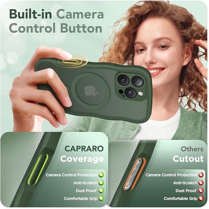 CAPRARO for iPhone 16 Pro Max Case for Women Girls, Upgraded [Full Camera Protection] [Compatible with MagSafe] Cute Wave Translucent Matte Phone Case for iPhone 16 Pro Max, Deep Green