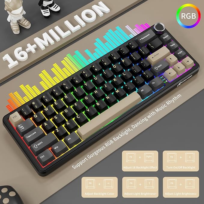 ATTACK SHARK X66 Wireless Mechanical Gaming Keyboard with Knob,Tri Mode USB-C/BT5.0/2.4G Gasket Mounted 60% RGB Gaming Keyboard 66Keys,PBT Keycap, Hot Swappable Custom Strawberry Switch(Star Black)