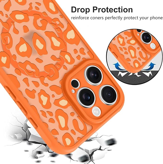 KANGHAR Case for iPhone 16 Pro Orange Leopard Printed Pattern Cute Cheetah [Compatible with Magsafe] Protective Magnetic Case for Girls Women 6.3"