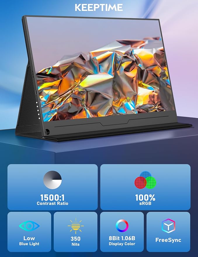 KEEPTIME 4K Portable Monitor 15.6" 3840x2160 UHD USB-C HDMI Laptop Monitor, 100% Adobe RGB IPS Computer Gaming Display HDR Travel Screen w/Speakers for Laptop Xbox PS5 Switch PC Phone