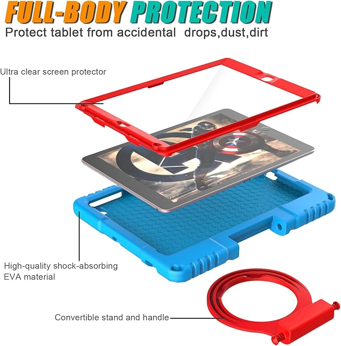 Kids Case for iPad 5th/6th Generation 9.7-inch 2017/2018 Release, Lainergie iPad Air 2 Case with Screen Protector, iPad Pro 9.7 Protective Cover Case Lightweight Shockproof with Handle Stand,Blue