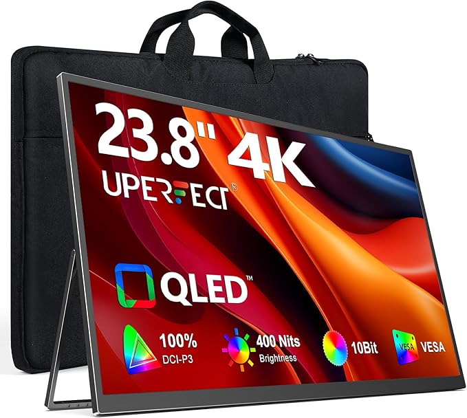 UPERFECT Portable Monitor 4K 23.8" QLED| 400 Nits 24" Large Monitor | 3840 * 2160 UHD 100% DCI-P3 | 1MS FreeSync | USB-C & HDMI | VESA & Stand | Second Screen for Computer, Mini PC, Game Consoles